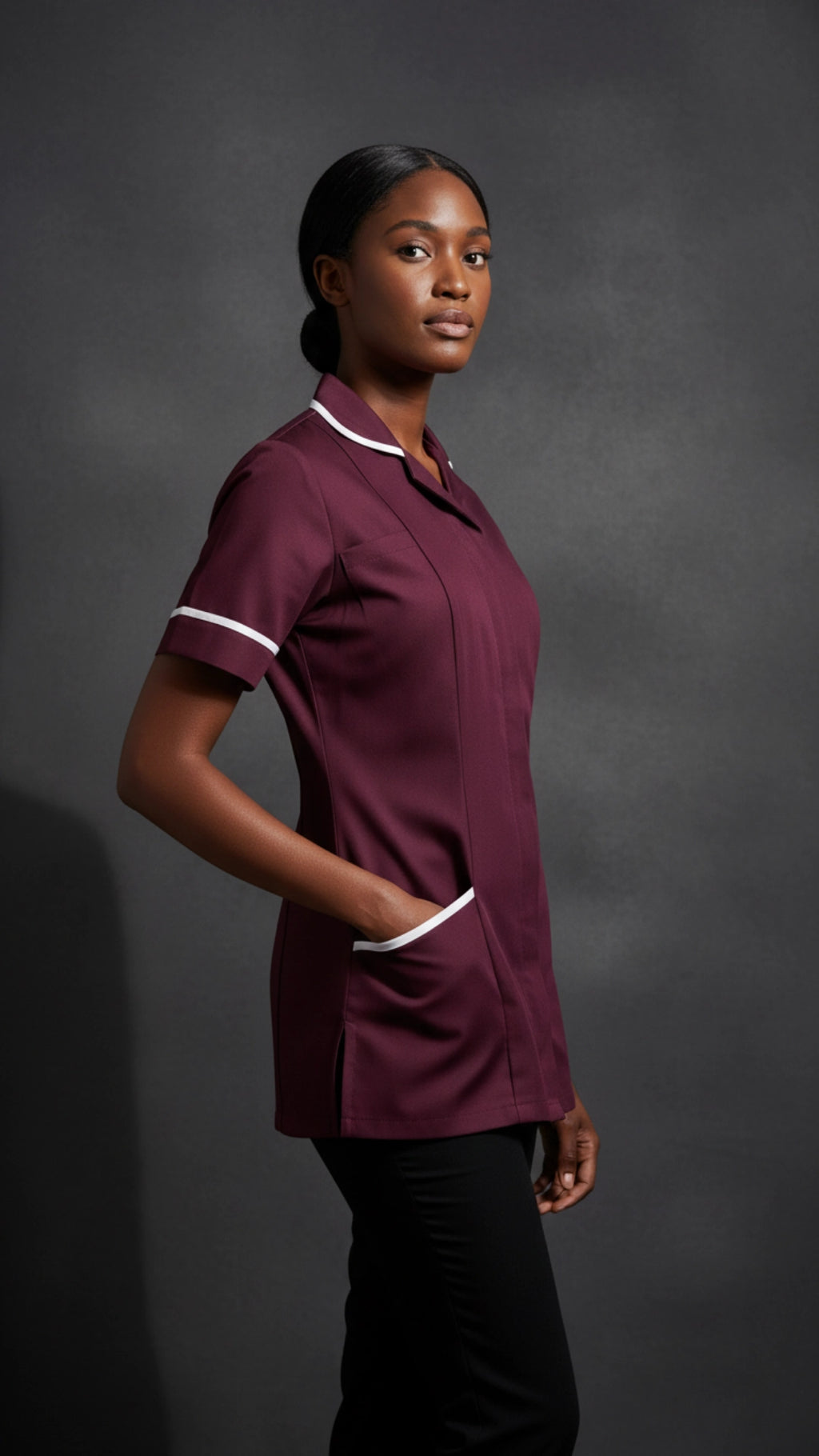 Women’s Maroon Medical Tunic with White Piping | Healthcare Uniform