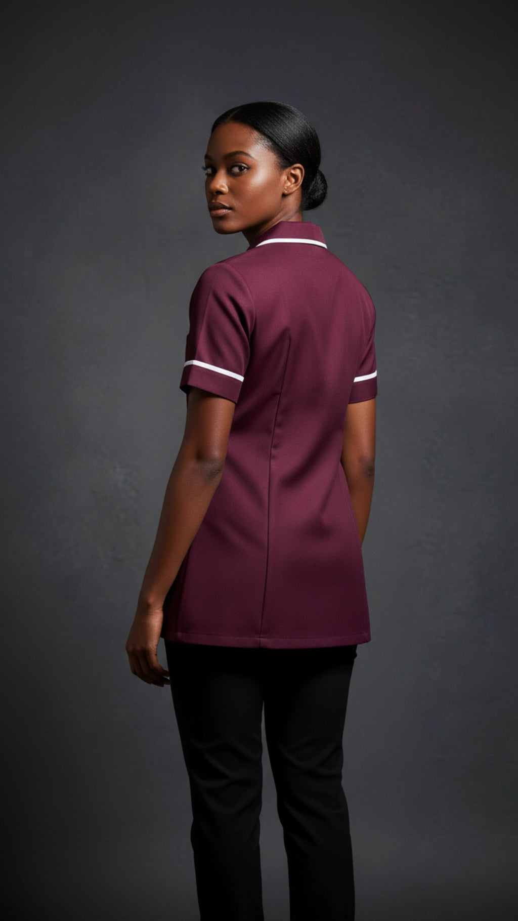 Women’s Maroon Medical Tunic with White Piping | Healthcare Uniform