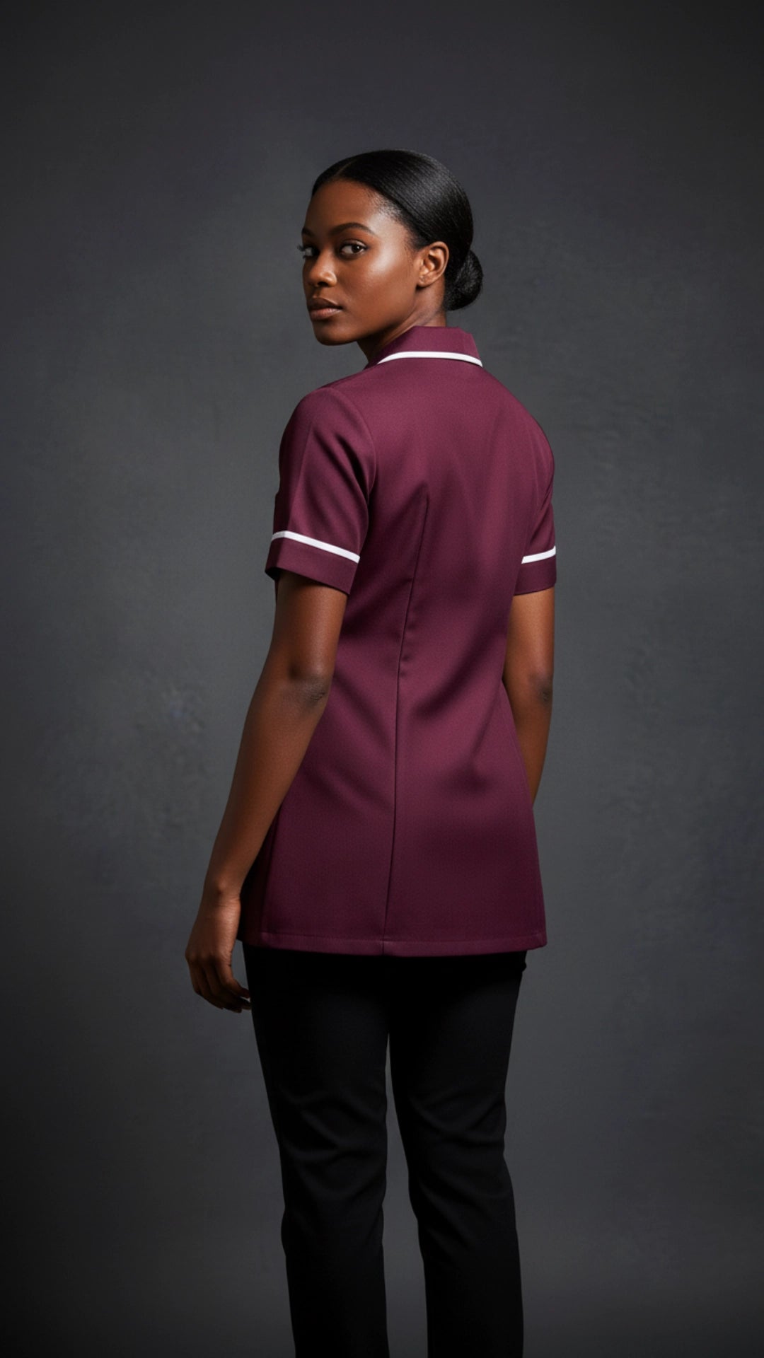 Women’s Maroon Medical Tunic with White Piping | Healthcare Uniform