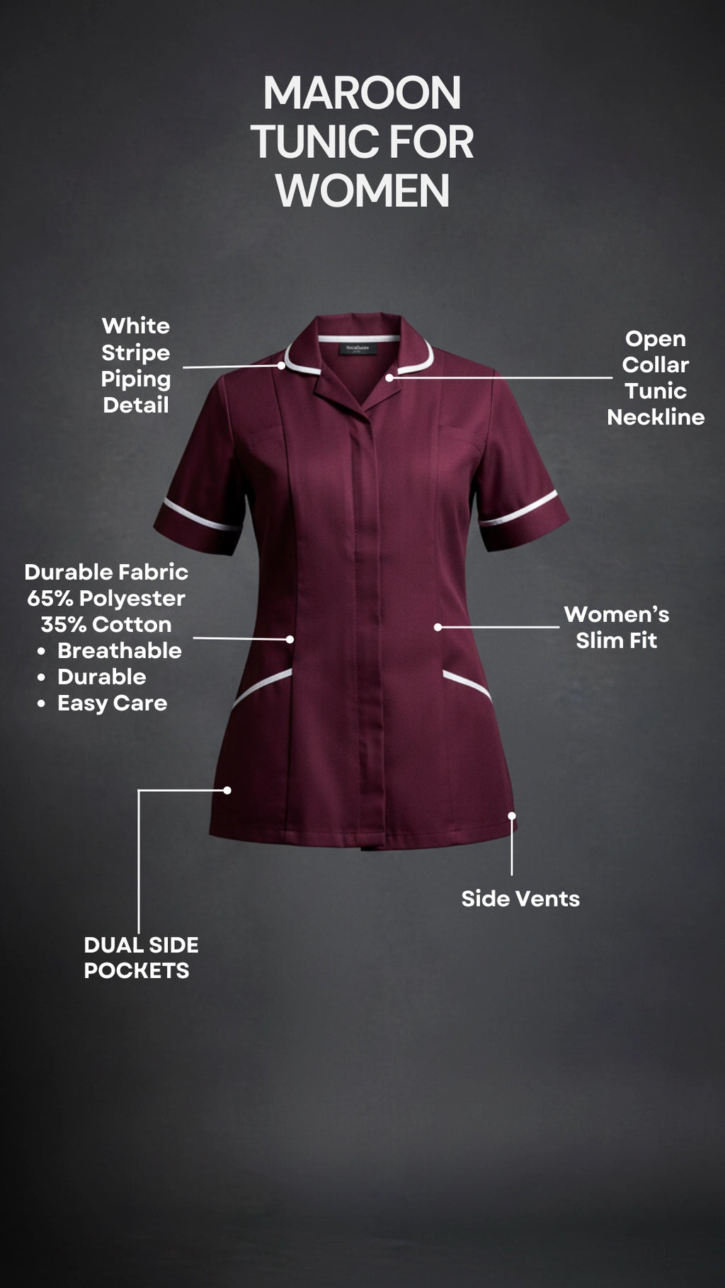 Women’s Maroon Medical Tunic with White Piping | Healthcare Uniform