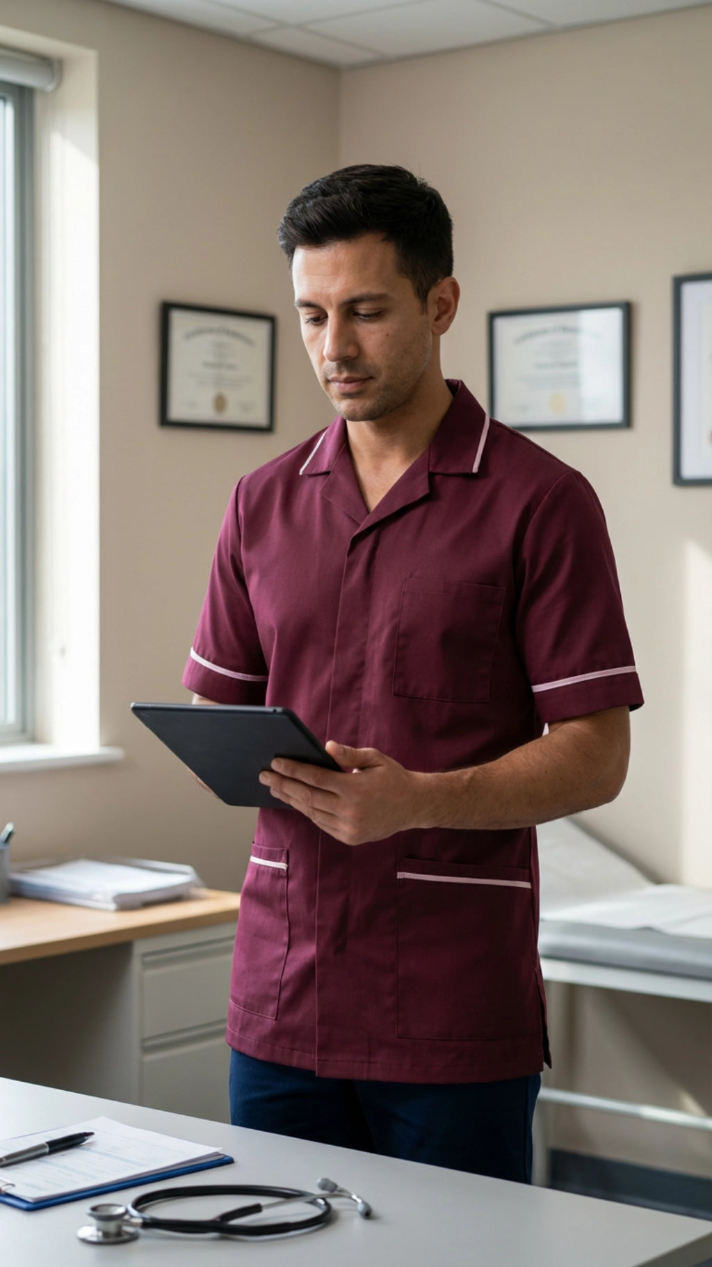 Men’s Maroon Medical Tunic with White Piping | Healthcare Uniform