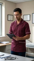 Men’s Maroon Medical Tunic with White Piping | Healthcare Uniform