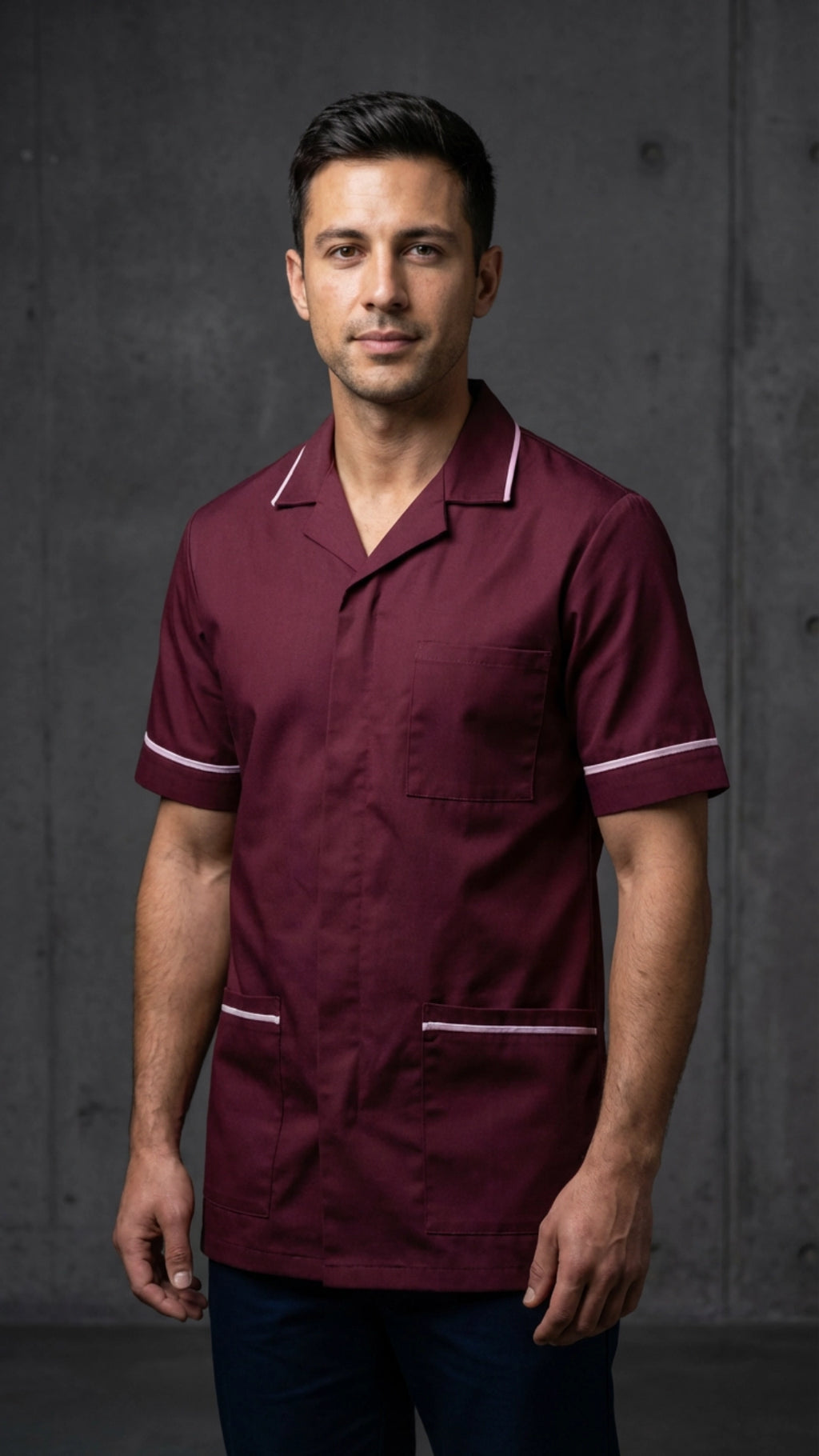 Men’s Maroon Medical Tunic with White Piping | Healthcare Uniform