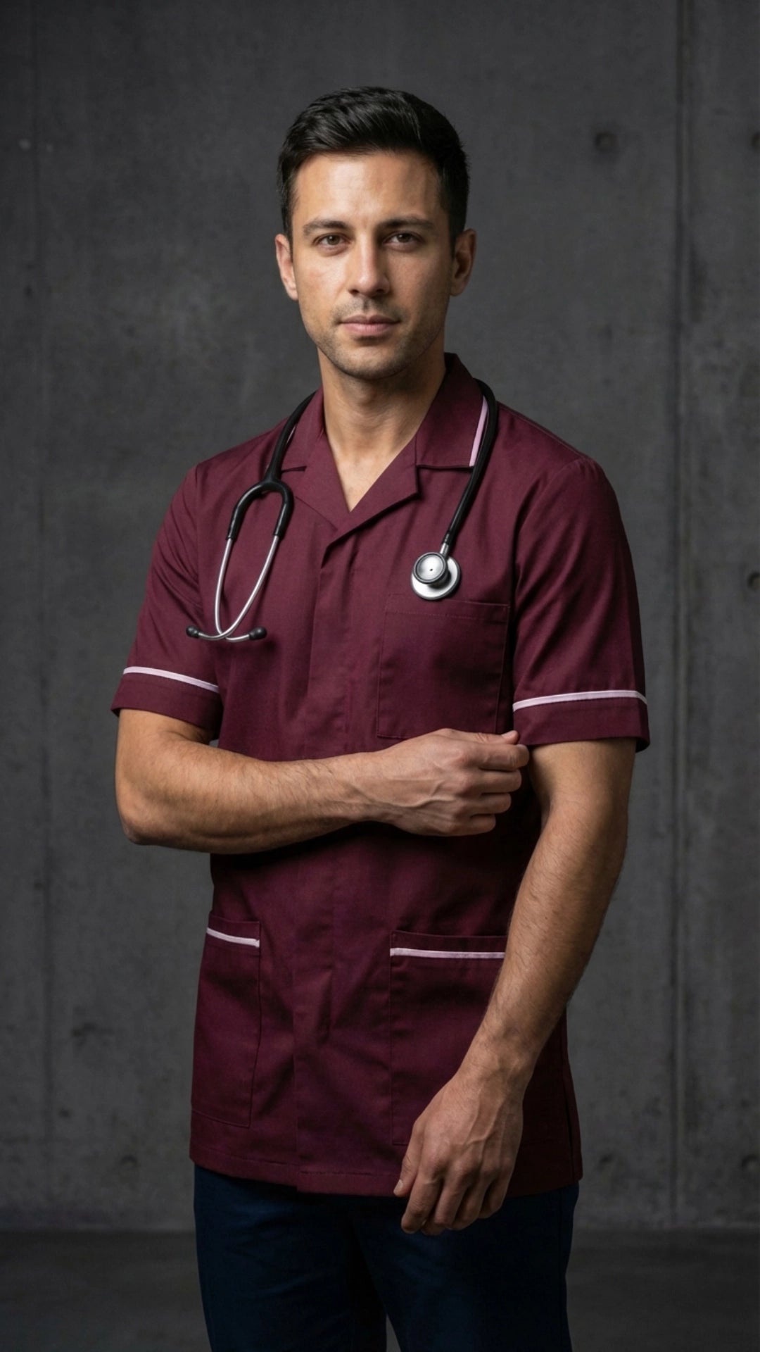 Men’s Maroon Medical Tunic with White Piping | Healthcare Uniform