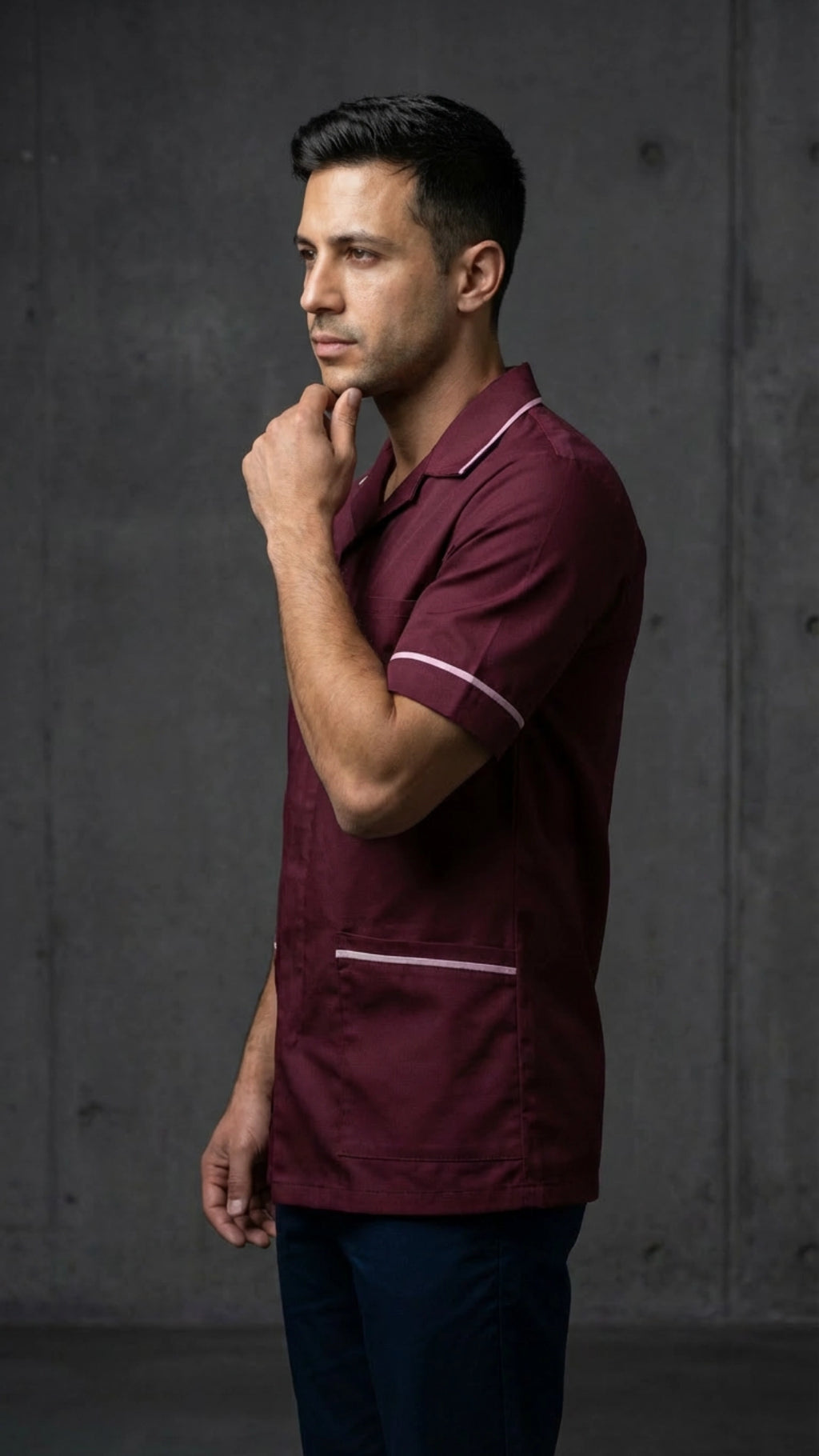 Men’s Maroon Medical Tunic with White Piping | Healthcare Uniform