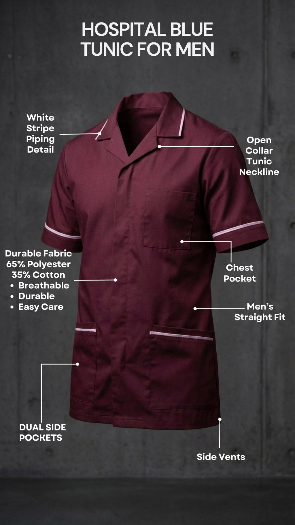Men’s Maroon Medical Tunic with White Piping | Healthcare Uniform