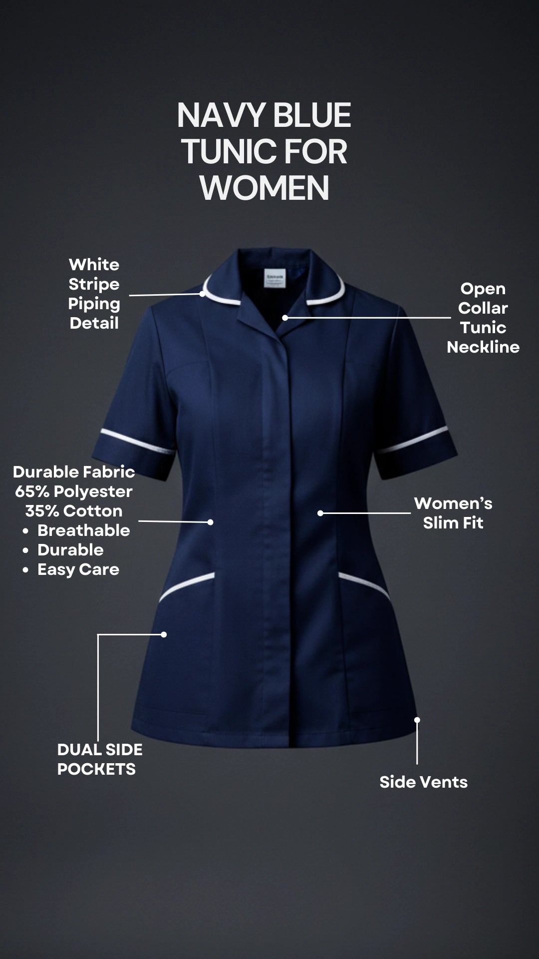 Women’s Navy Medical Tunic with White Piping | Healthcare Uniform