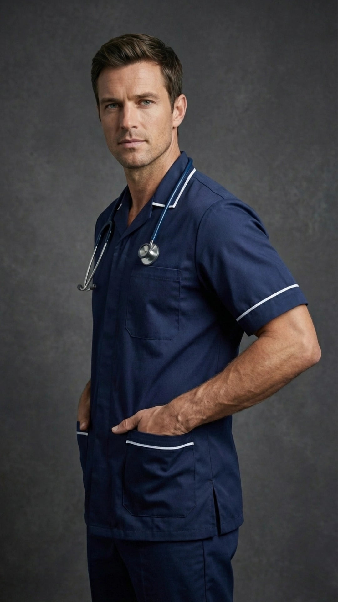 Men’s Navy Medical Tunic with White Piping | Healthcare Uniform