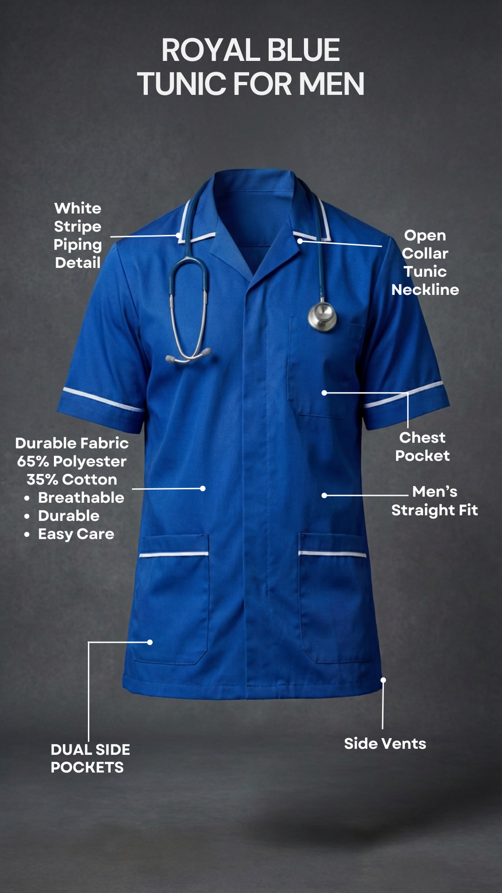 Men’s Royal Blue Medical Tunic with White Piping | Healthcare Uniform