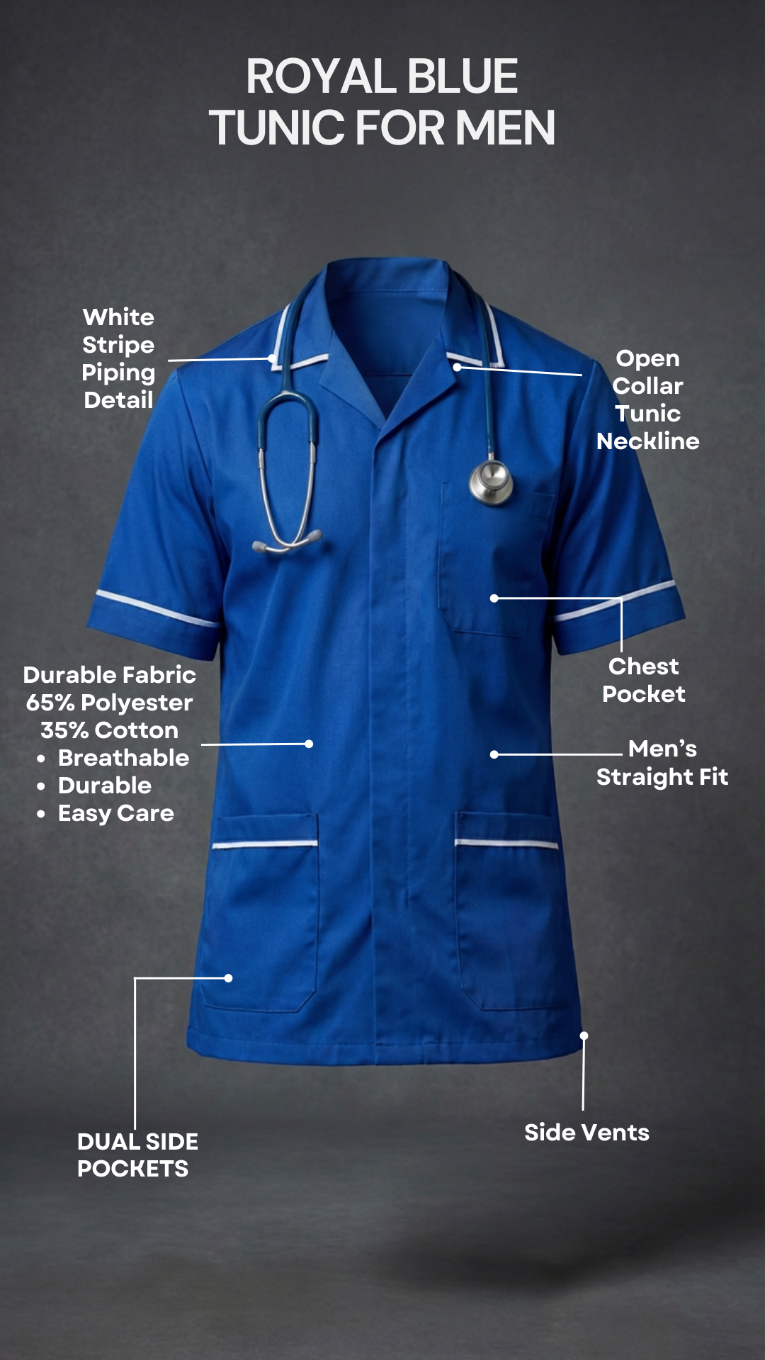 Men’s Royal Blue Medical Tunic with White Piping | Healthcare Uniform