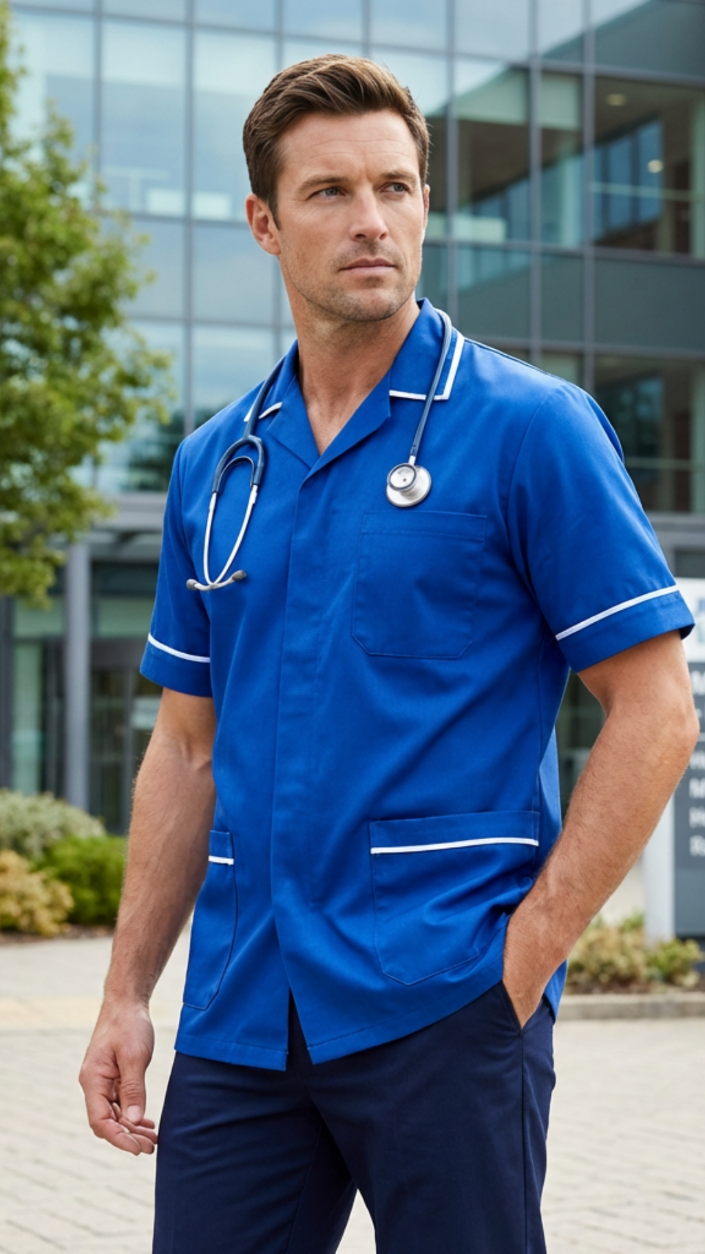 Men’s Royal Blue Medical Tunic with White Piping | Healthcare Uniform