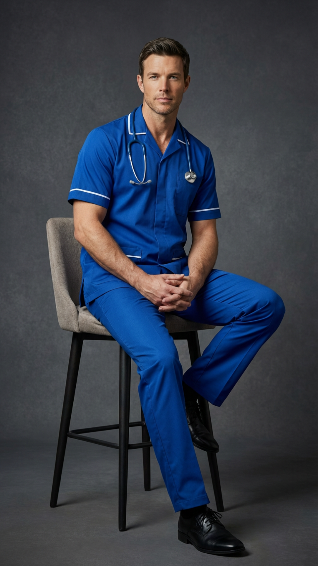 Men’s Royal Blue Medical Tunic with White Piping | Healthcare Uniform