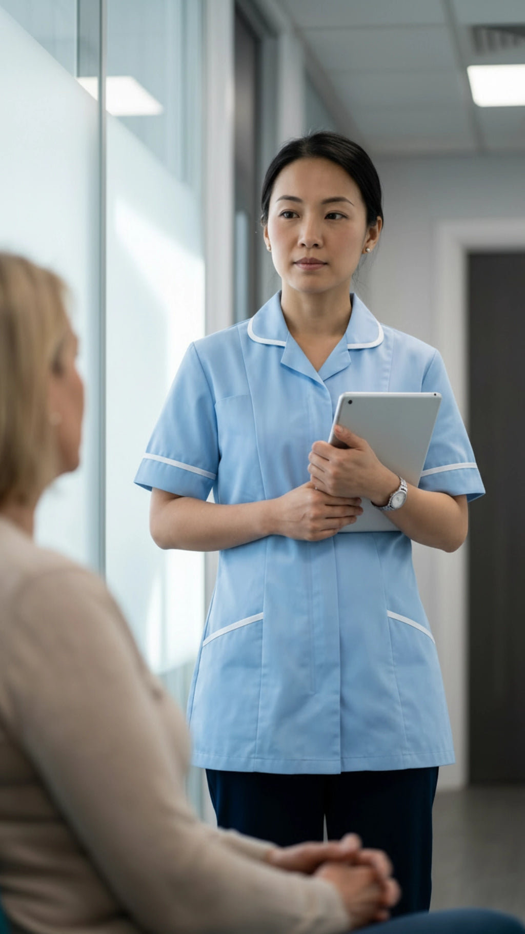 Sky Blue Women’s Healthcare Tunic with White Piping – Short Sleeve Medical Uniform Top