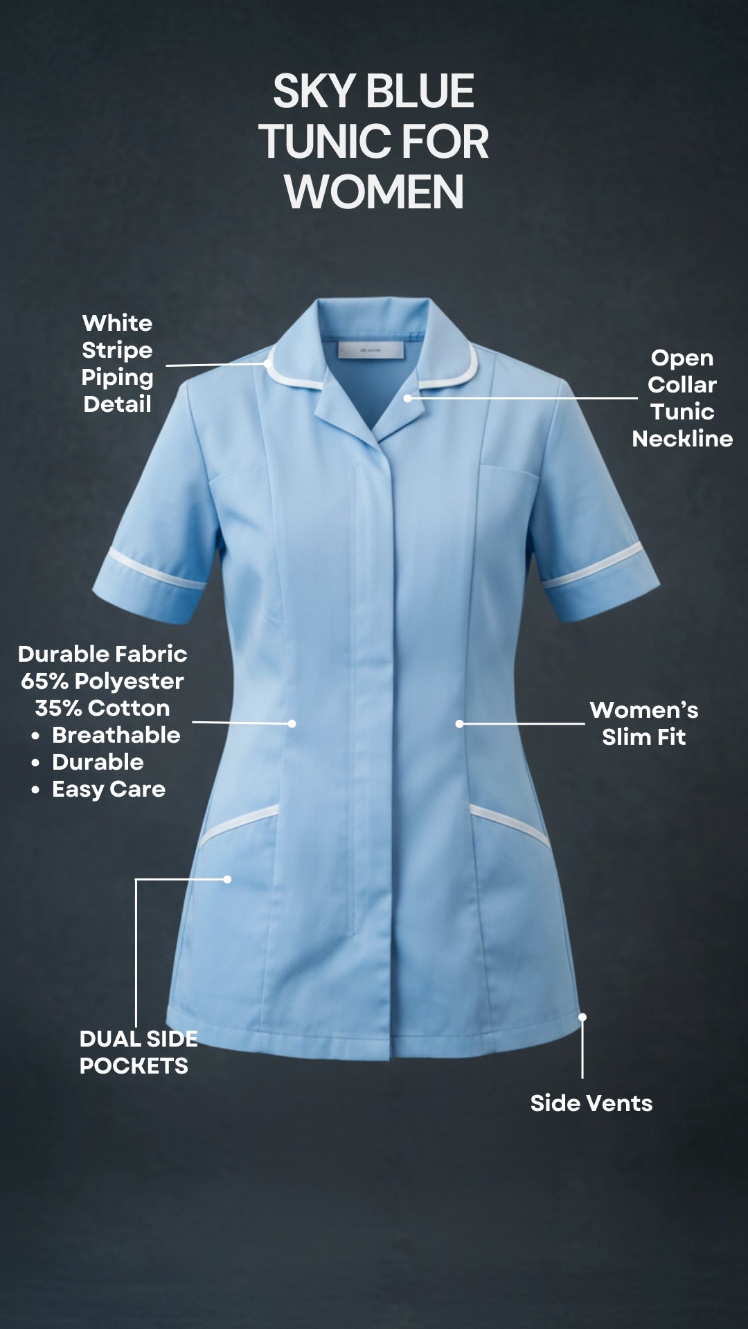 Sky Blue Women’s Healthcare Tunic with White Piping – Short Sleeve Medical Uniform Top