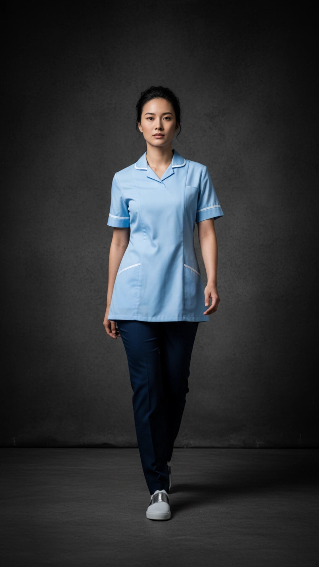 Sky Blue Women’s Healthcare Tunic with White Piping – Short Sleeve Medical Uniform Top