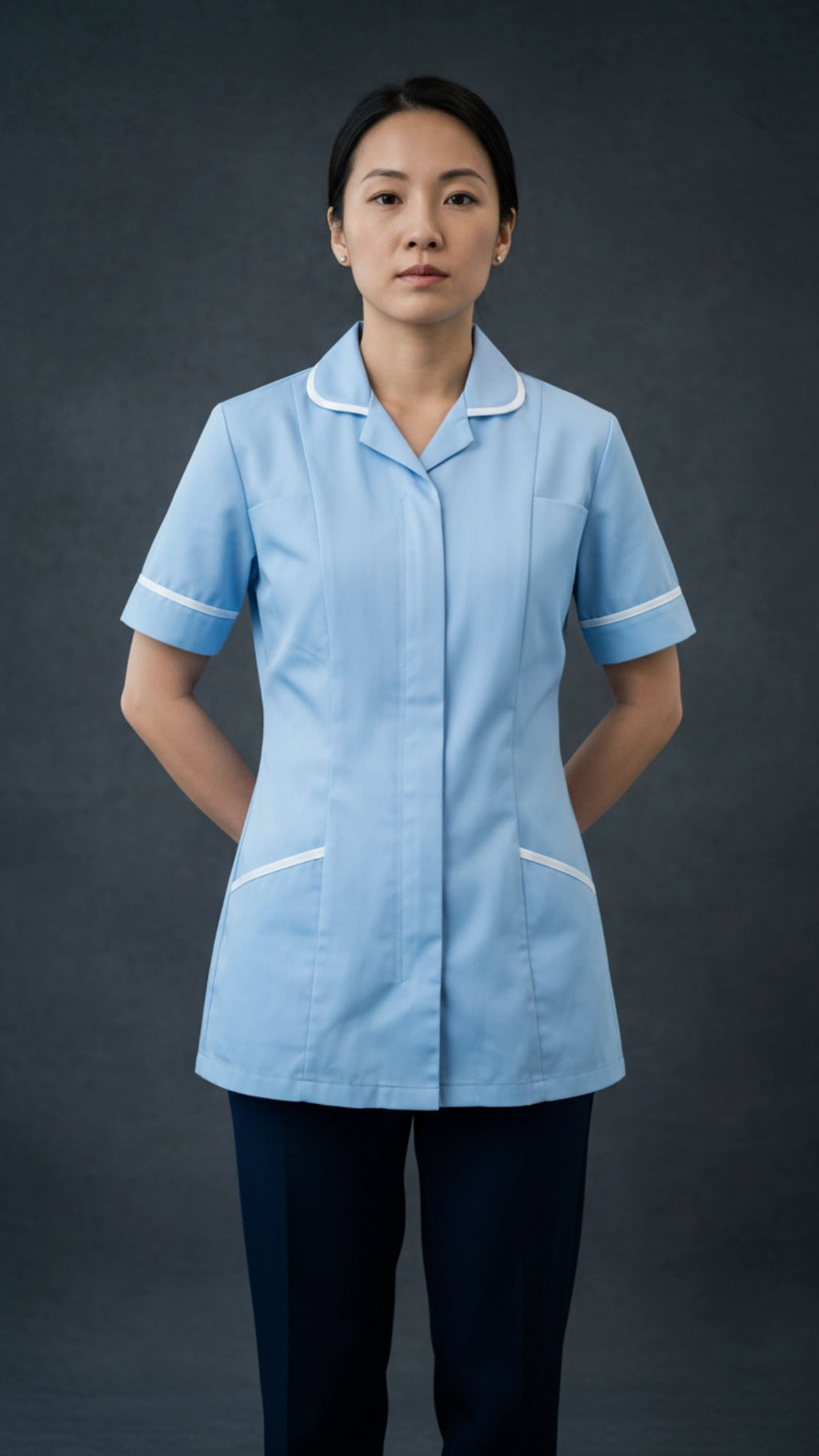 Sky Blue Women’s Healthcare Tunic with White Piping – Short Sleeve Medical Uniform Top