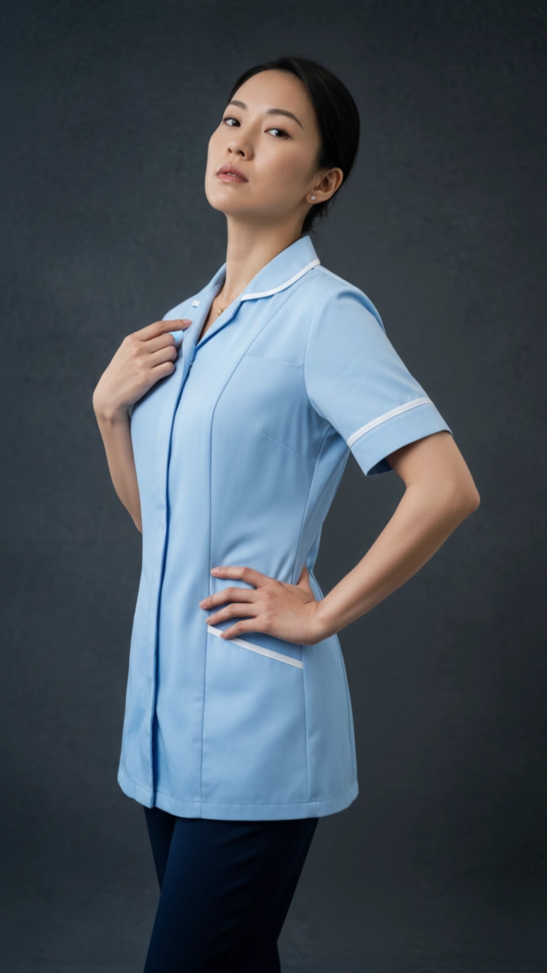 Sky Blue Women’s Healthcare Tunic with White Piping – Short Sleeve Medical Uniform Top