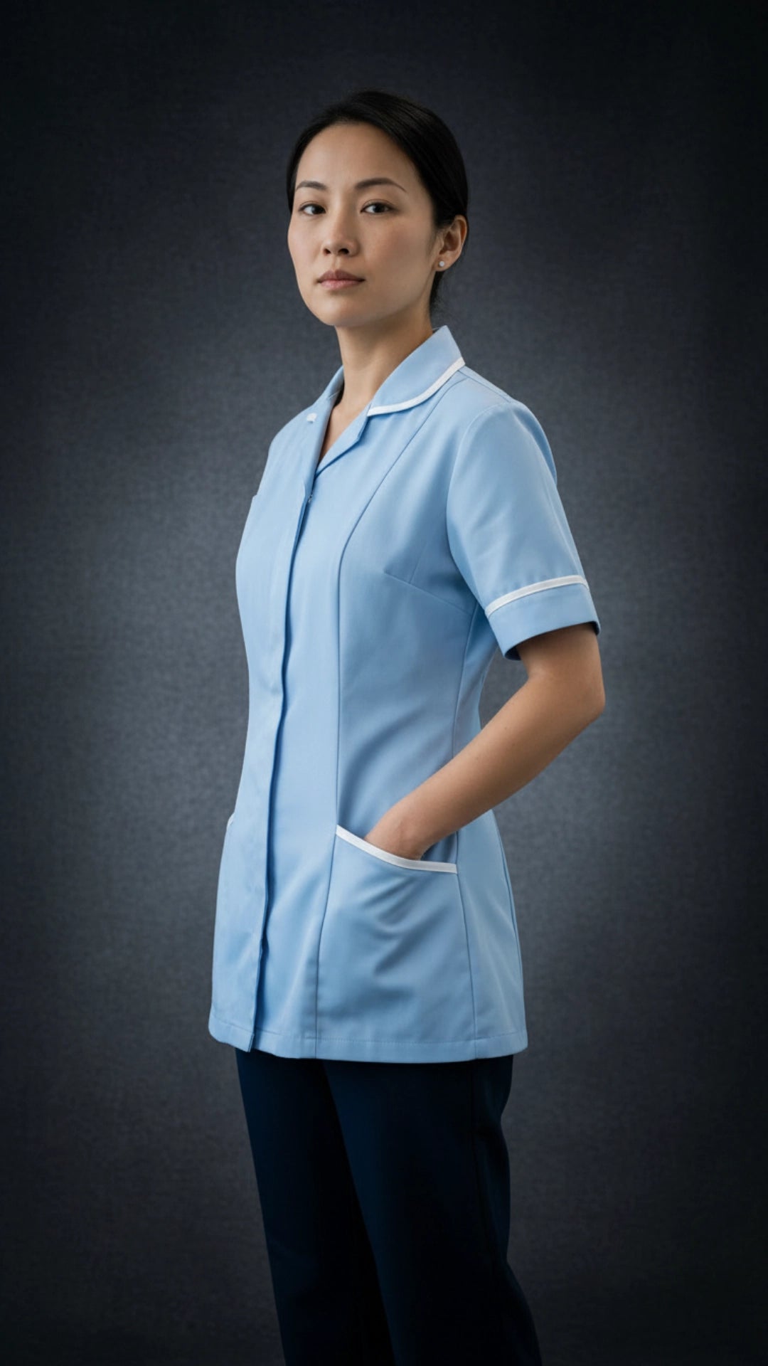 Sky Blue Women’s Healthcare Tunic with White Piping – Short Sleeve Medical Uniform Top