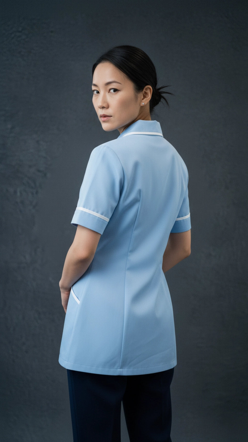 Sky Blue Women’s Healthcare Tunic with White Piping – Short Sleeve Medical Uniform Top