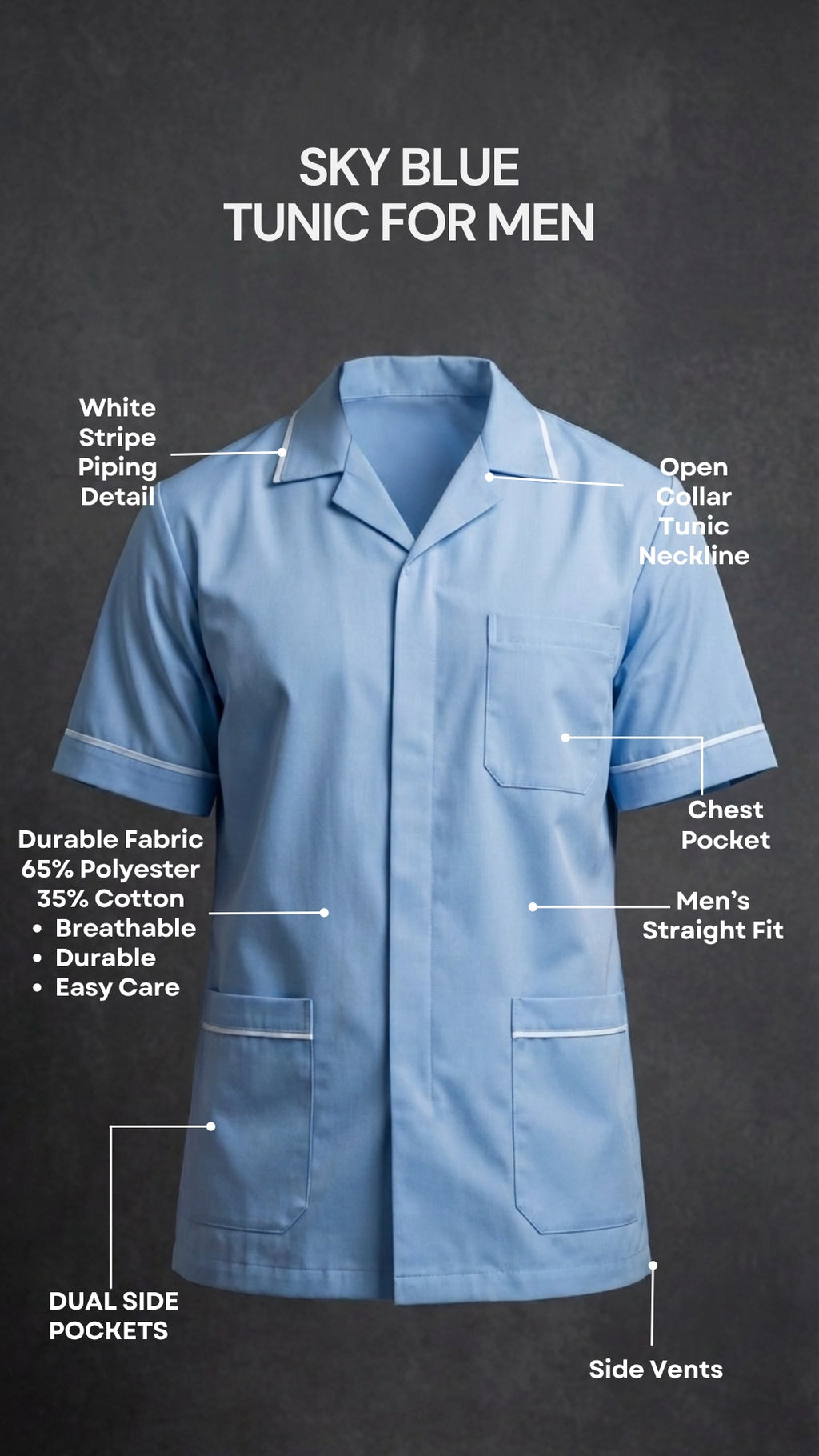 Men’s Sky Blue Medical Tunic with White Piping | Healthcare Uniform