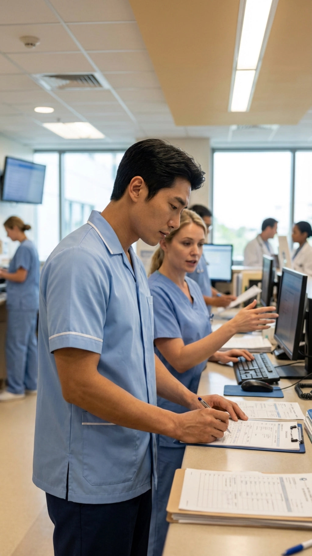 Men’s Sky Blue Medical Tunic with White Piping | Healthcare Uniform