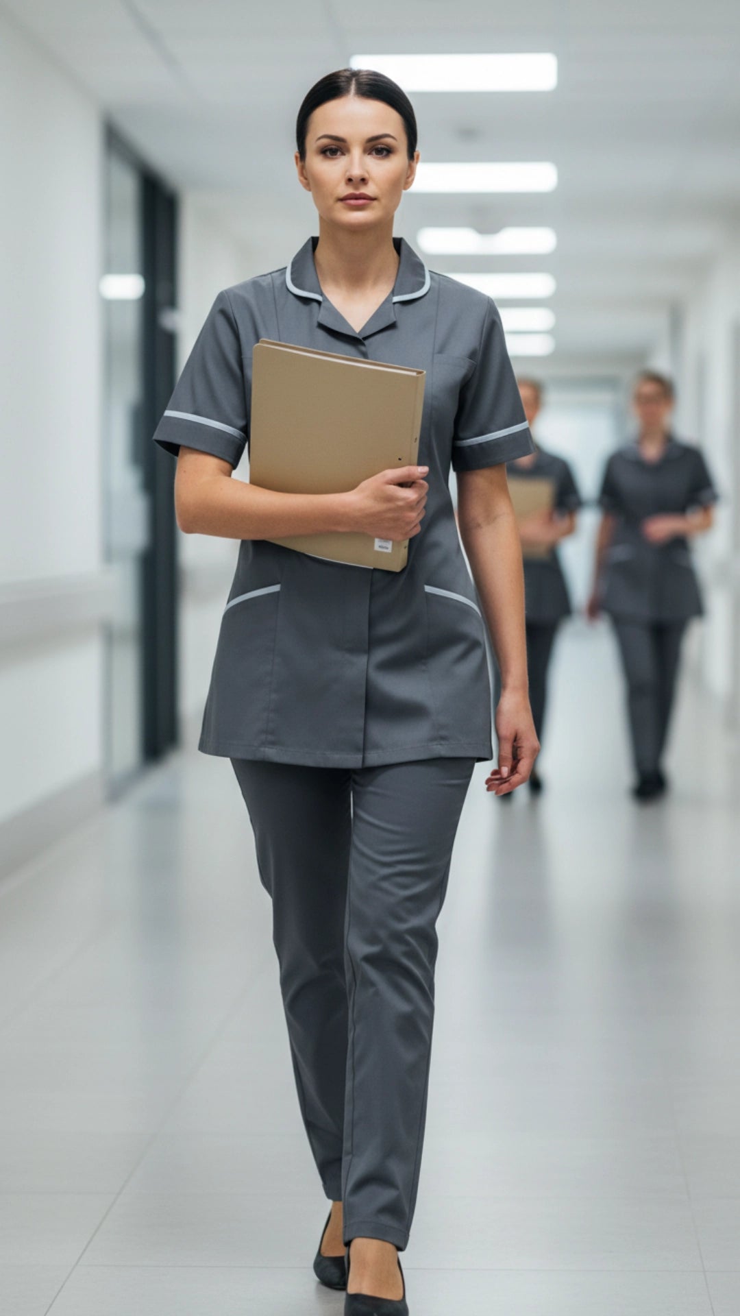 Storm Grey Women’s Healthcare Tunic with White Piping – Professional Medical Uniform Top