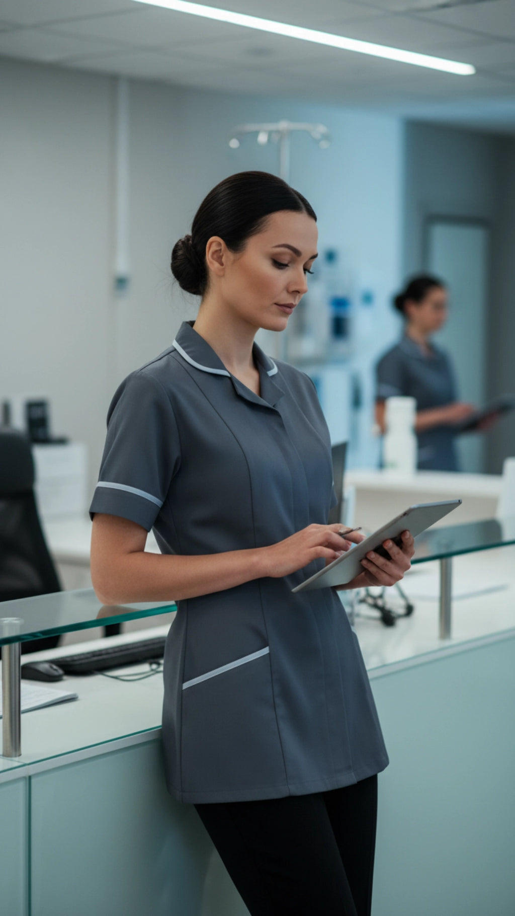 Storm Grey Women’s Healthcare Tunic with White Piping – Professional Medical Uniform Top