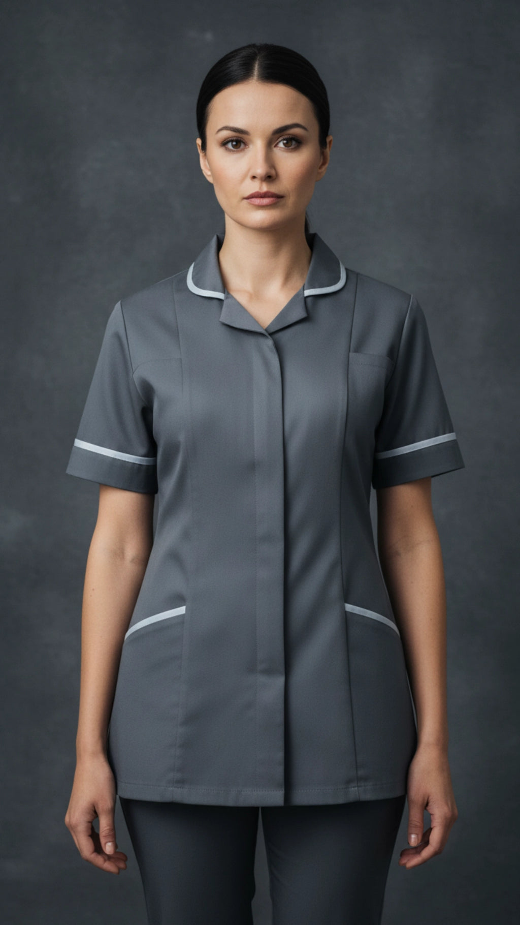 Storm Grey Women’s Healthcare Tunic with White Piping – Professional Medical Uniform Top