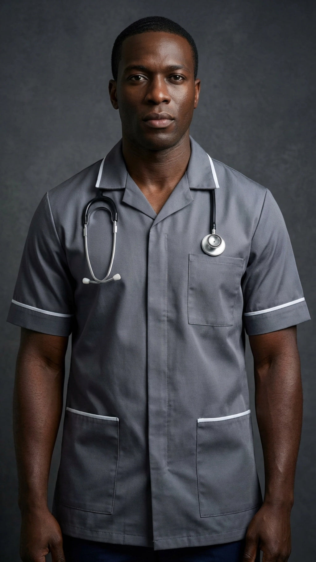 Men’s Storm Grey Medical Tunic with White Piping | Healthcare Uniform