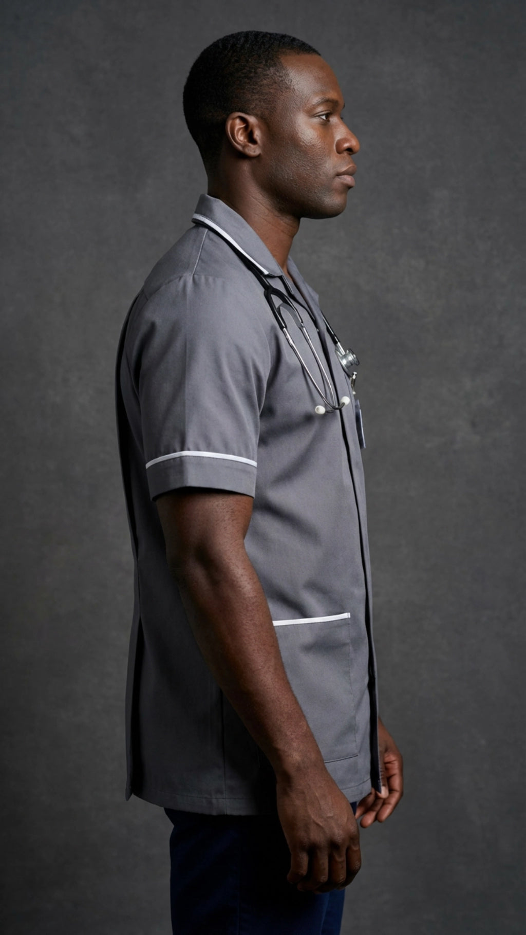 Men’s Storm Grey Medical Tunic with White Piping | Healthcare Uniform