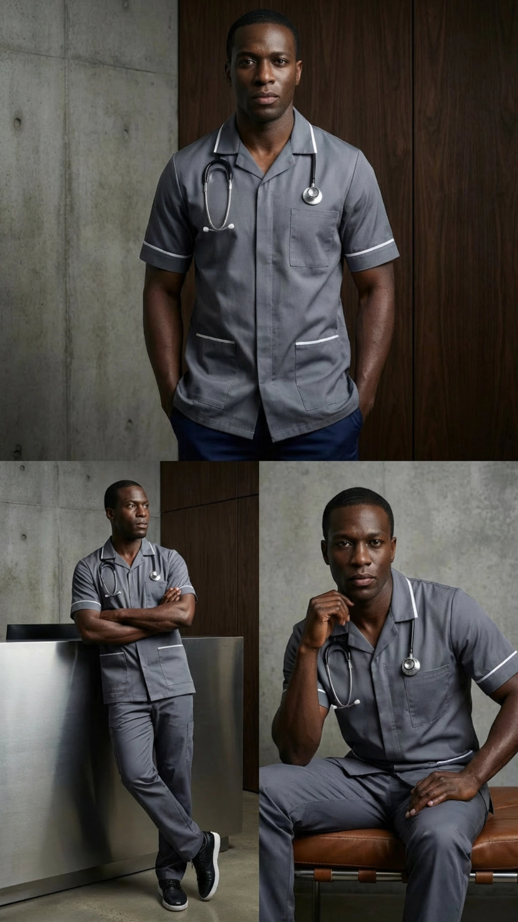 Men’s Storm Grey Medical Tunic with White Piping | Healthcare Uniform