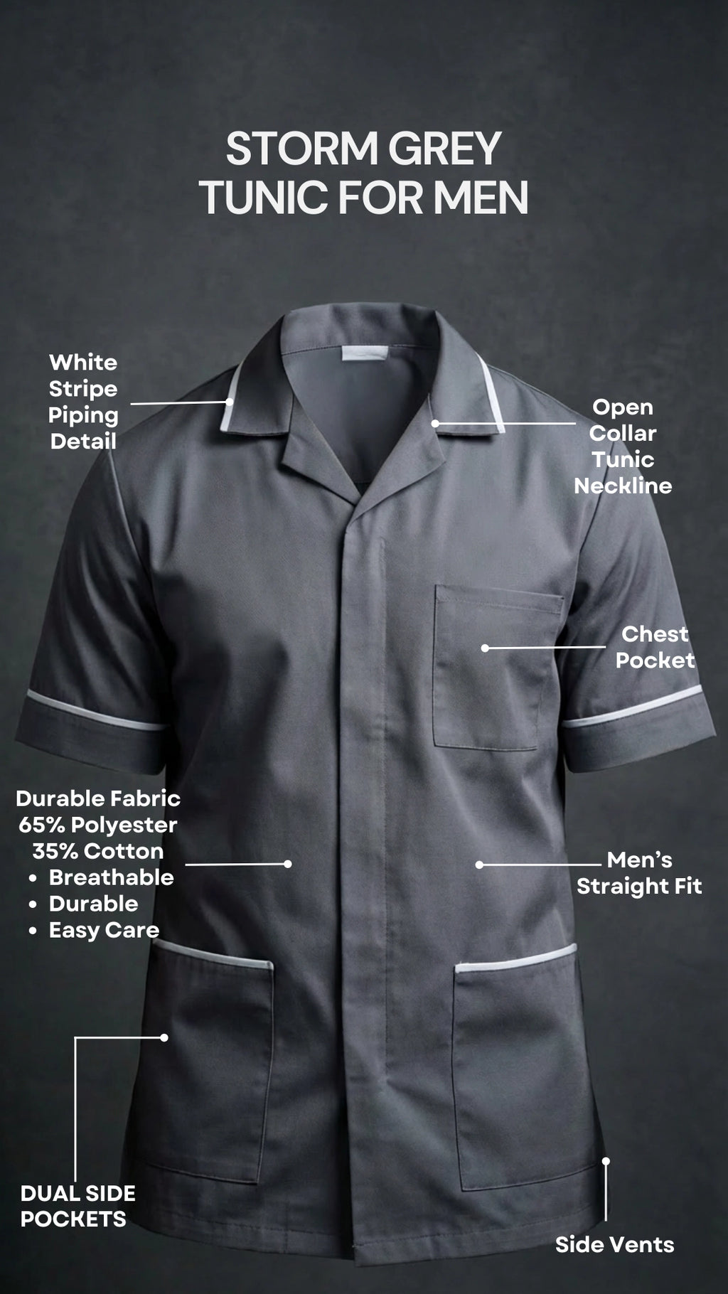 Men’s Storm Grey Medical Tunic with White Piping | Healthcare Uniform