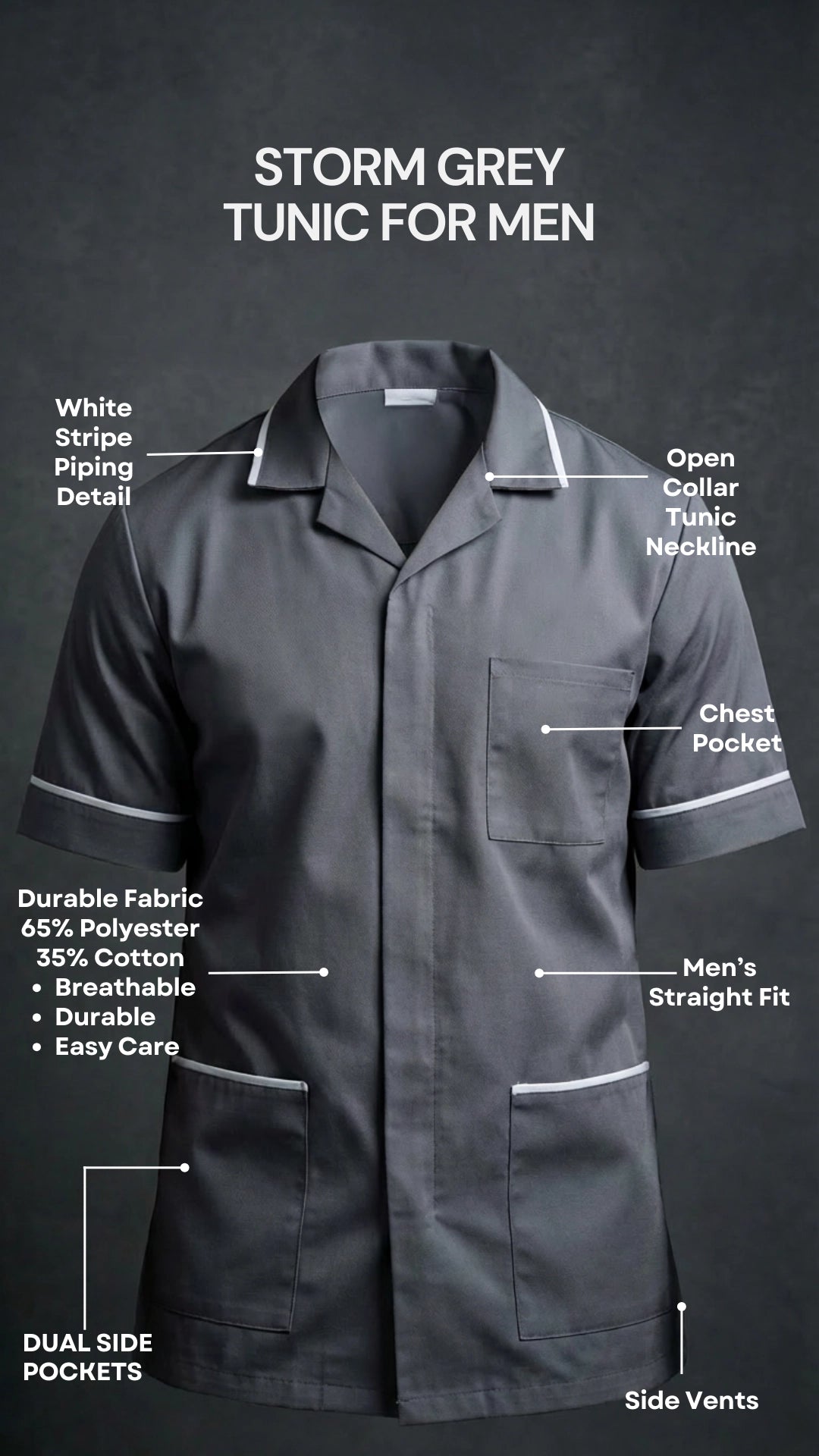 Men’s Storm Grey Medical Tunic with White Piping | Healthcare Uniform