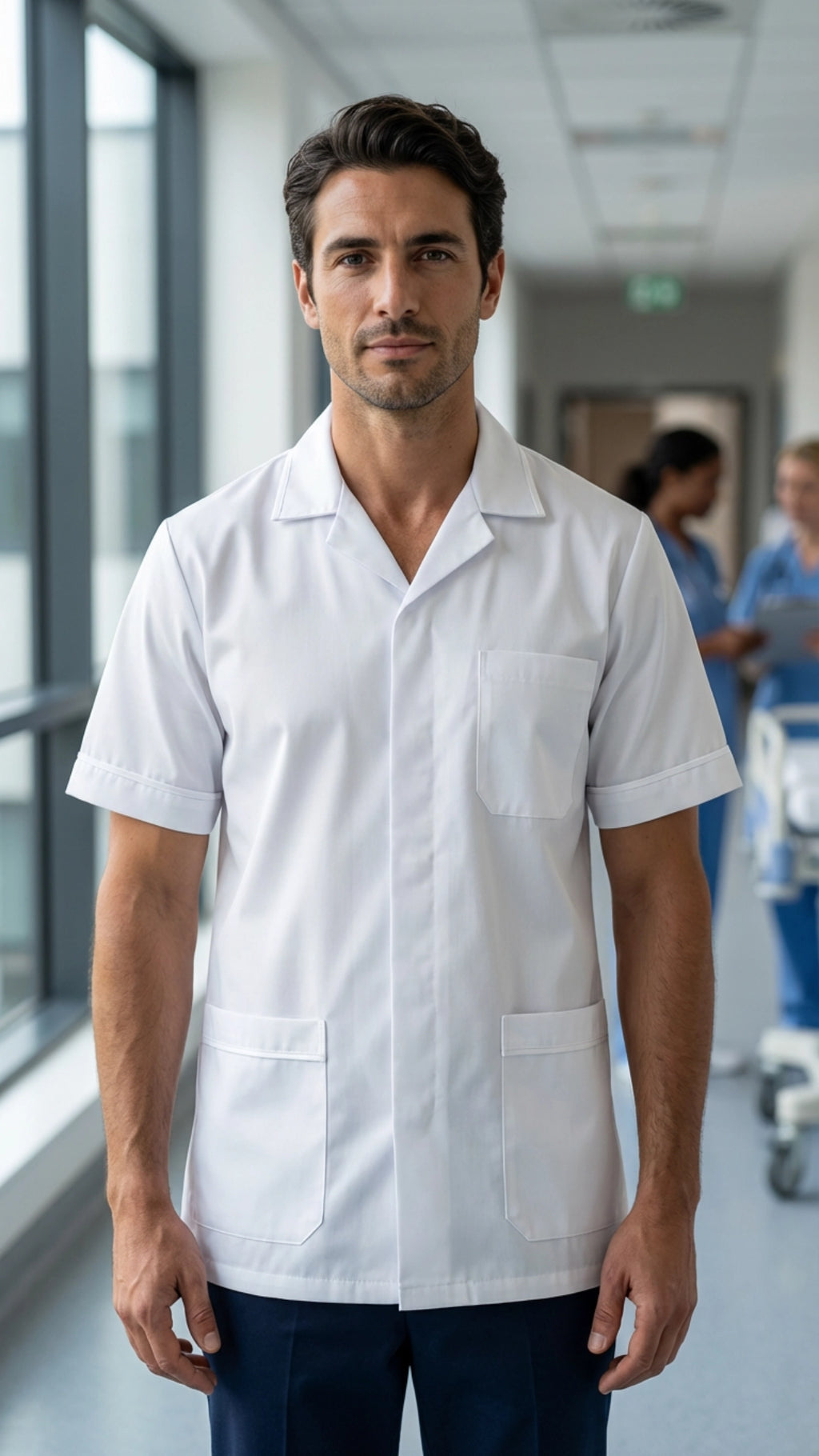 Men’s White Medical Tunic with Contrast Piping | Healthcare Uniform
