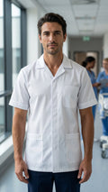 Men’s White Medical Tunic with Contrast Piping | Healthcare Uniform
