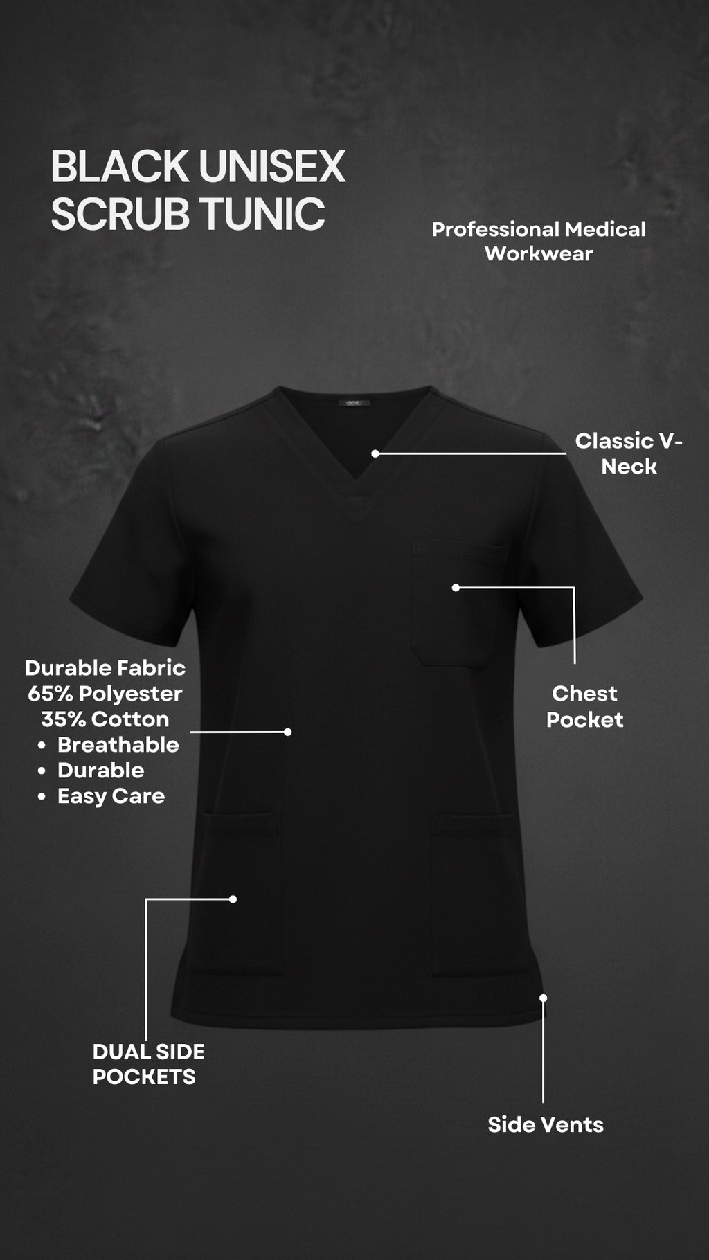 Black Unisex Scrub Tunic – V-Neck Professional Medical Workwear