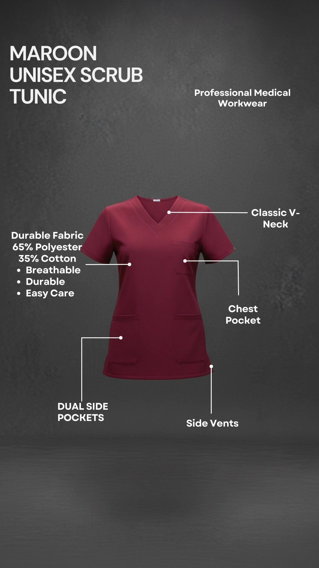 Maroon Unisex Scrub Tunic – V-Neck Professional Medical Workwear