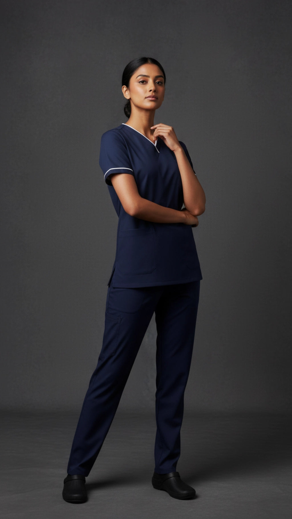 Navy Blue Unisex Scrub Tunic – V-Neck with White Beading Detail
