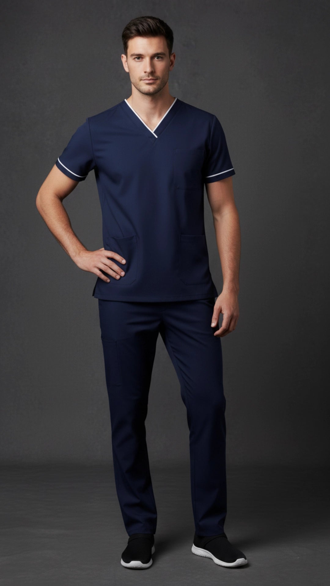 Navy Blue Unisex Scrub Tunic – V-Neck with White Beading Detail
