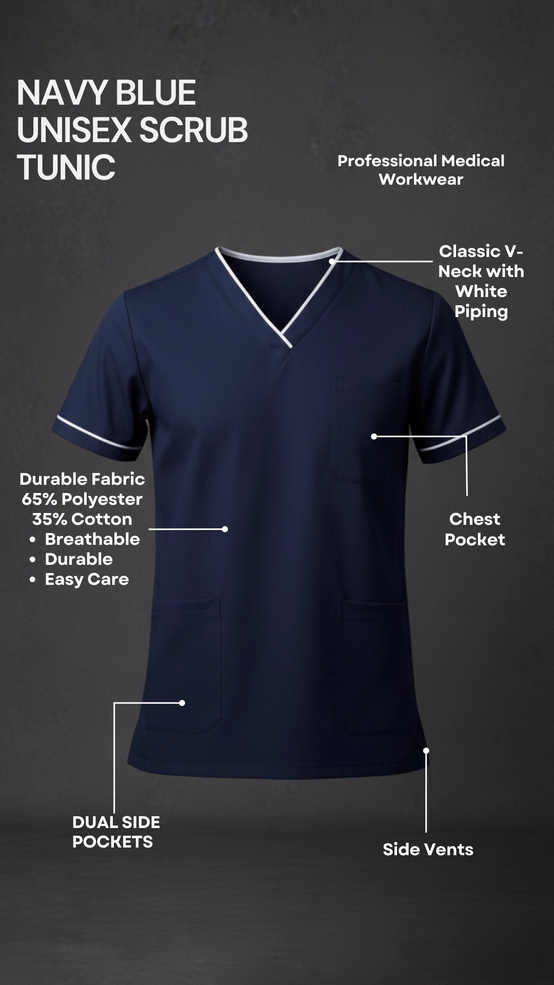 Navy Blue Unisex Scrub Tunic – V-Neck with White Beading Detail