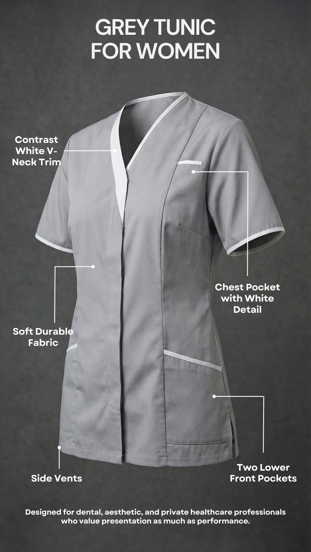 Grey Women’s Healthcare Tunic with White Trim