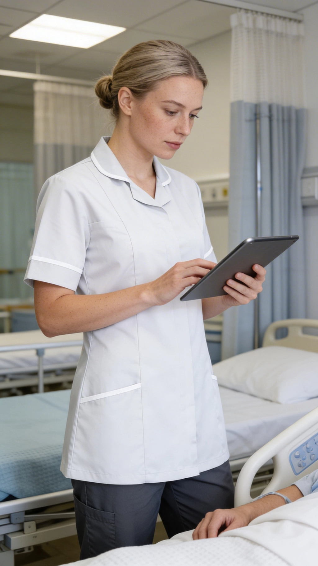 White Women’s Healthcare Tunic with White Piping – Professional Medical Uniform Top