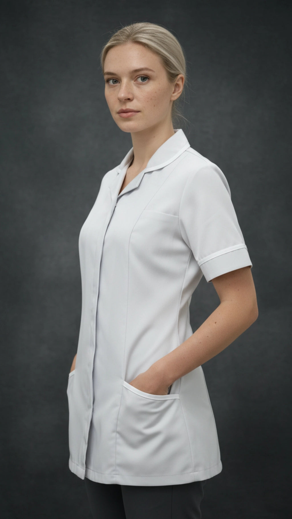 White Women’s Healthcare Tunic with White Piping – Professional Medical Uniform Top