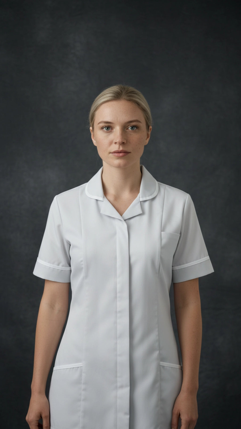 White Women’s Healthcare Tunic with White Piping – Professional Medical Uniform Top