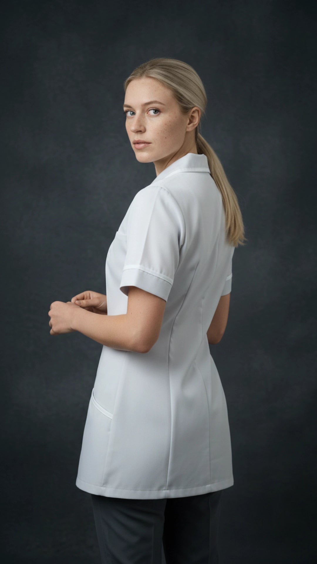 White Women’s Healthcare Tunic with White Piping – Professional Medical Uniform Top