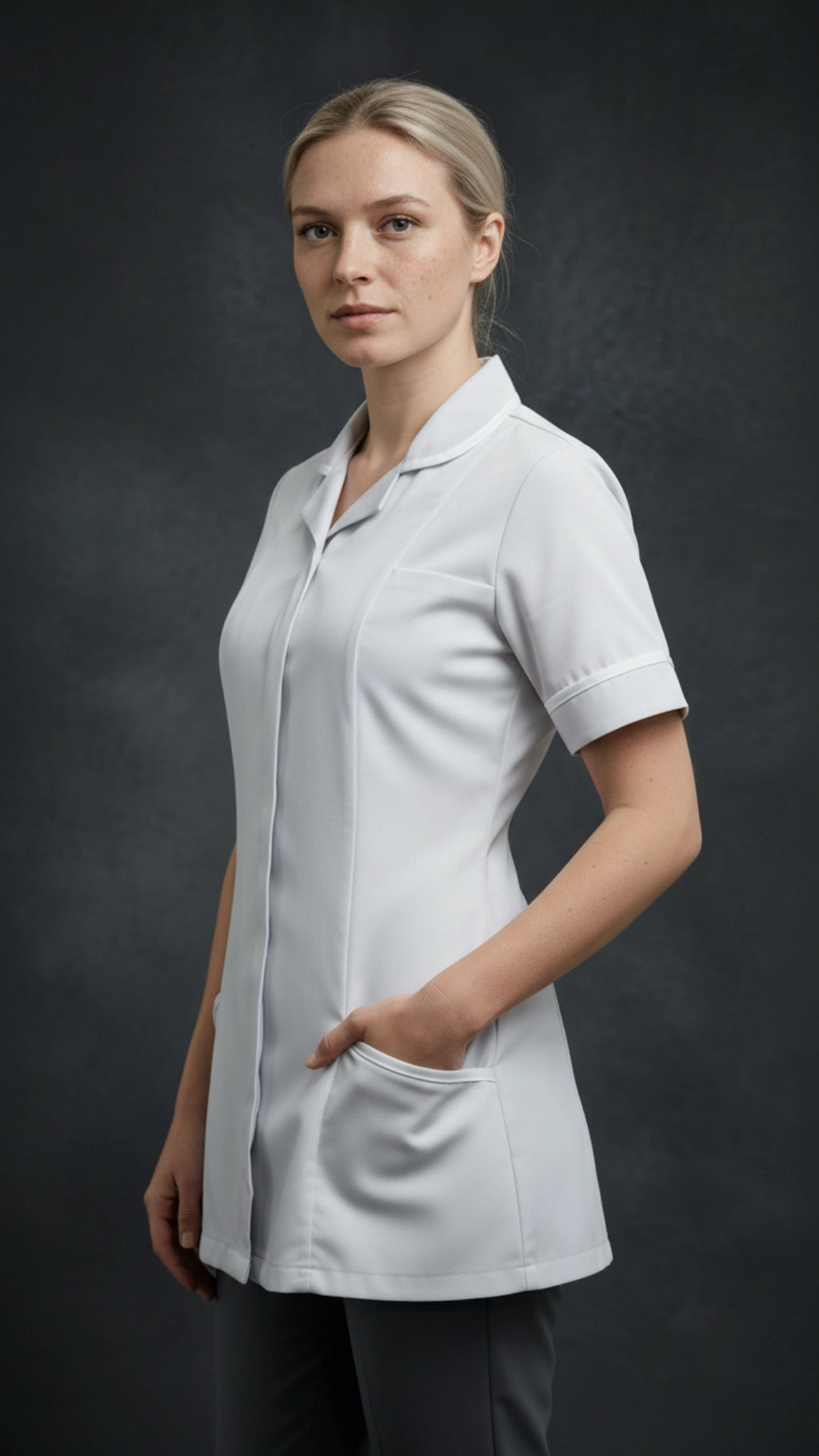 White Women’s Healthcare Tunic with White Piping – Professional Medical Uniform Top