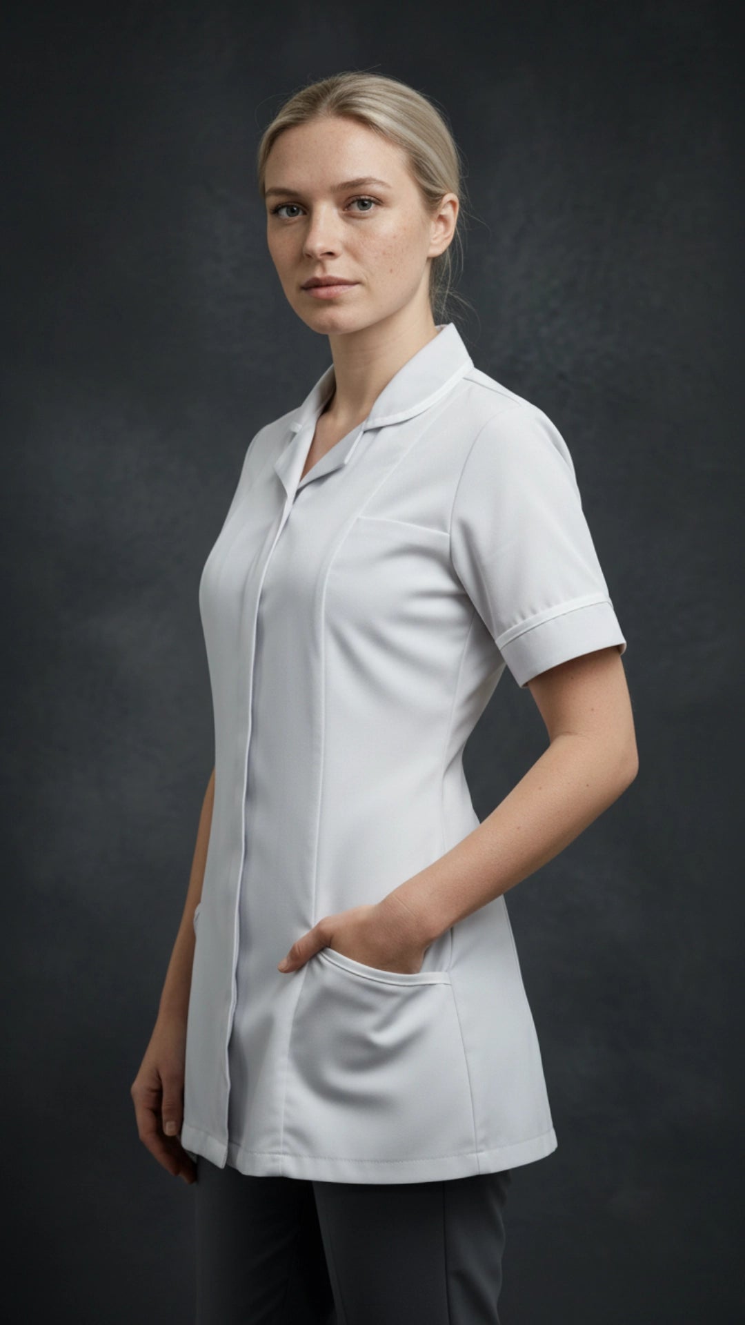 White Women’s Healthcare Tunic with White Piping – Professional Medical Uniform Top