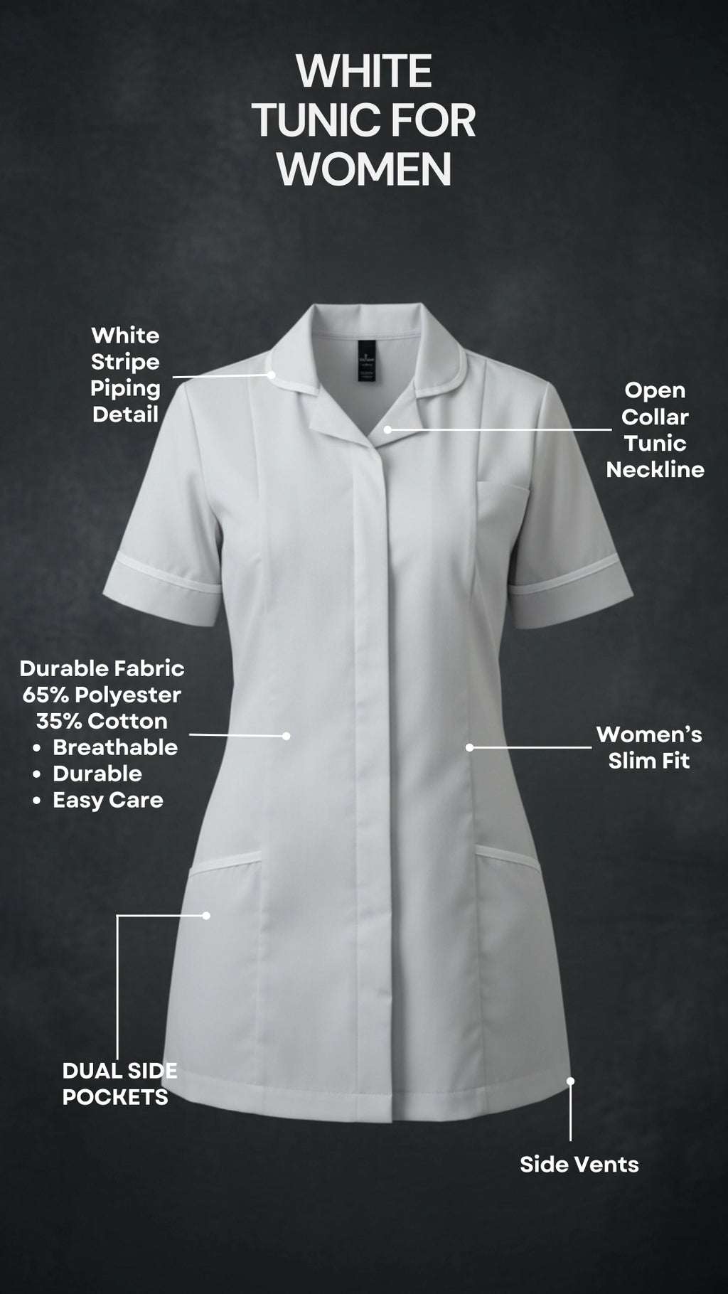 White Women’s Healthcare Tunic with White Piping – Professional Medical Uniform Top