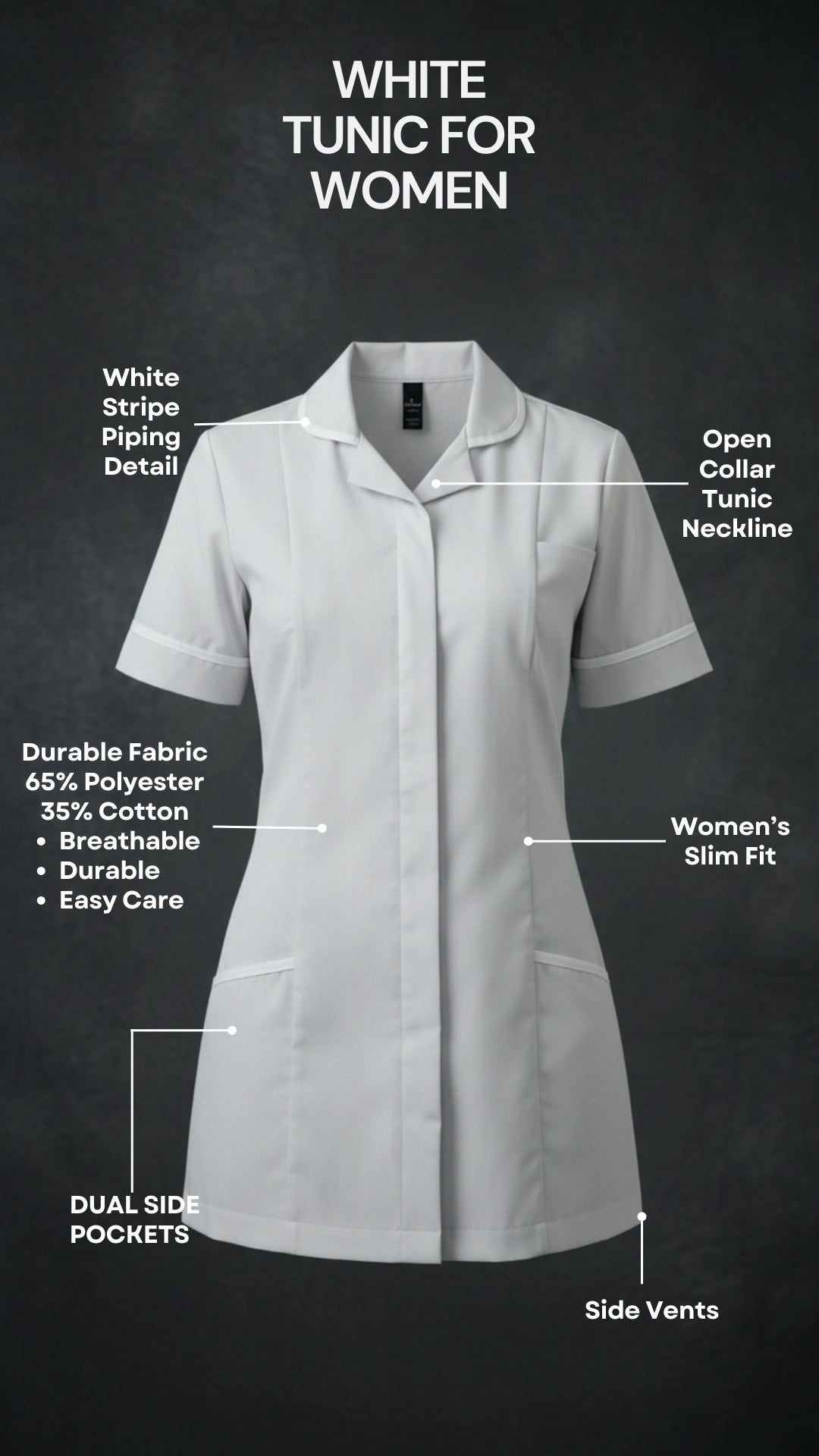 White Women’s Healthcare Tunic with White Piping – Professional Medical Uniform Top