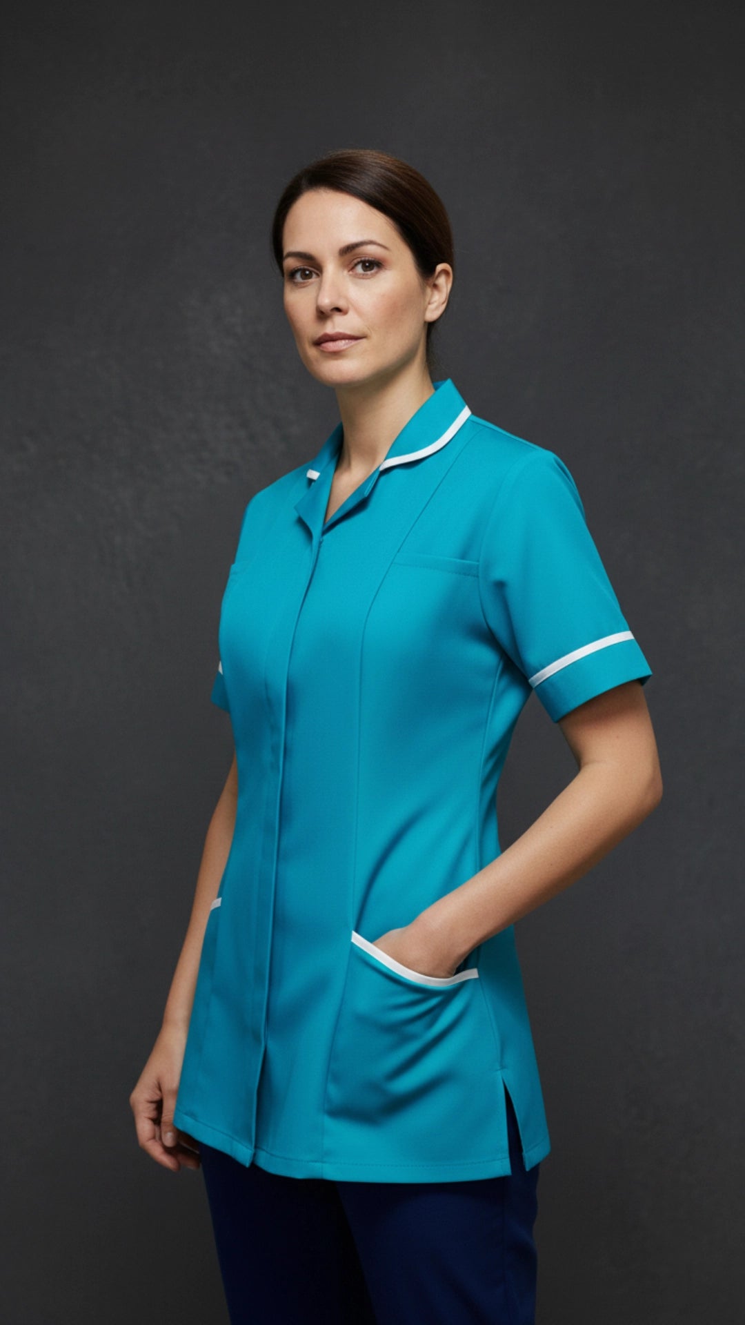 Turquoise Blue Women’s Healthcare Tunic with White Piping – Professional Medical Uniform Top